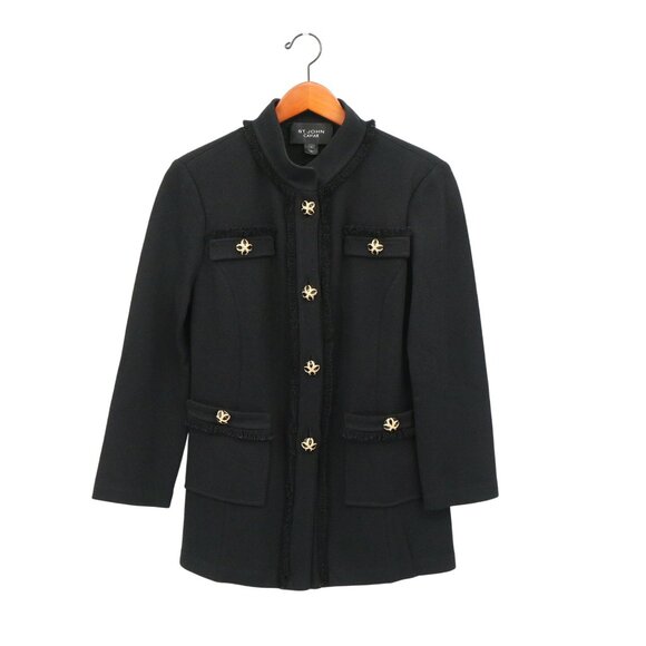 St. John Jackets & Blazers - St. John Caviar Fringe Detail Black Santana Knit Jacket Gold Buttons 8